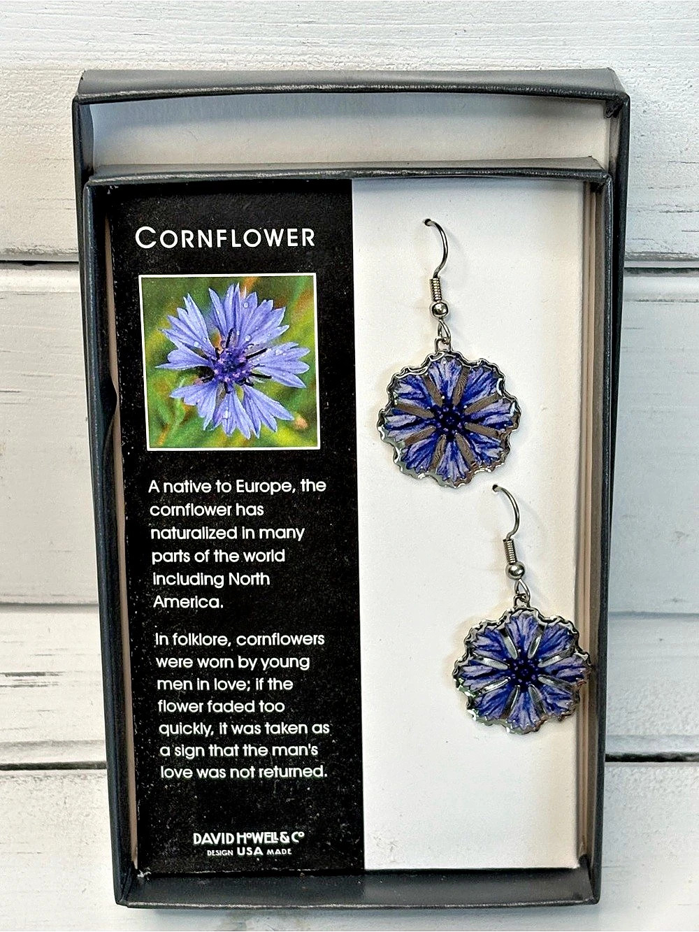 (313)David Howell & Company Rectangle Card Design Blue Floral Earrings NWT